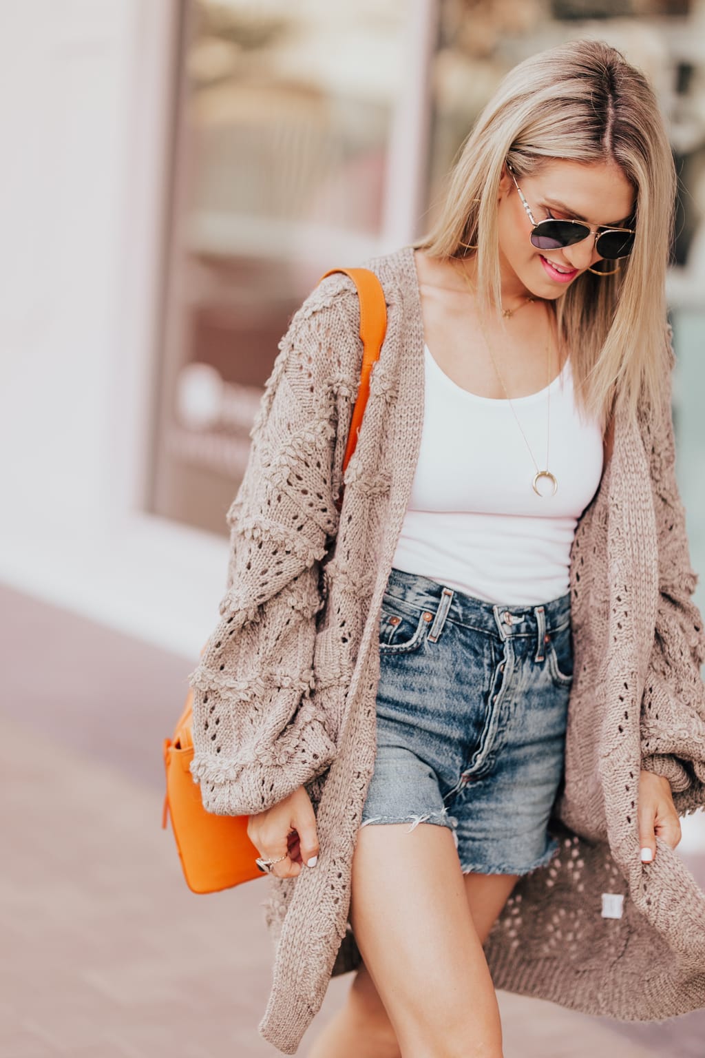 long cardigan and shorts outfit